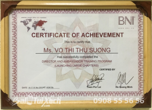 BNI Certificate Of Achievement Ms. Vo Thi Thu Suong